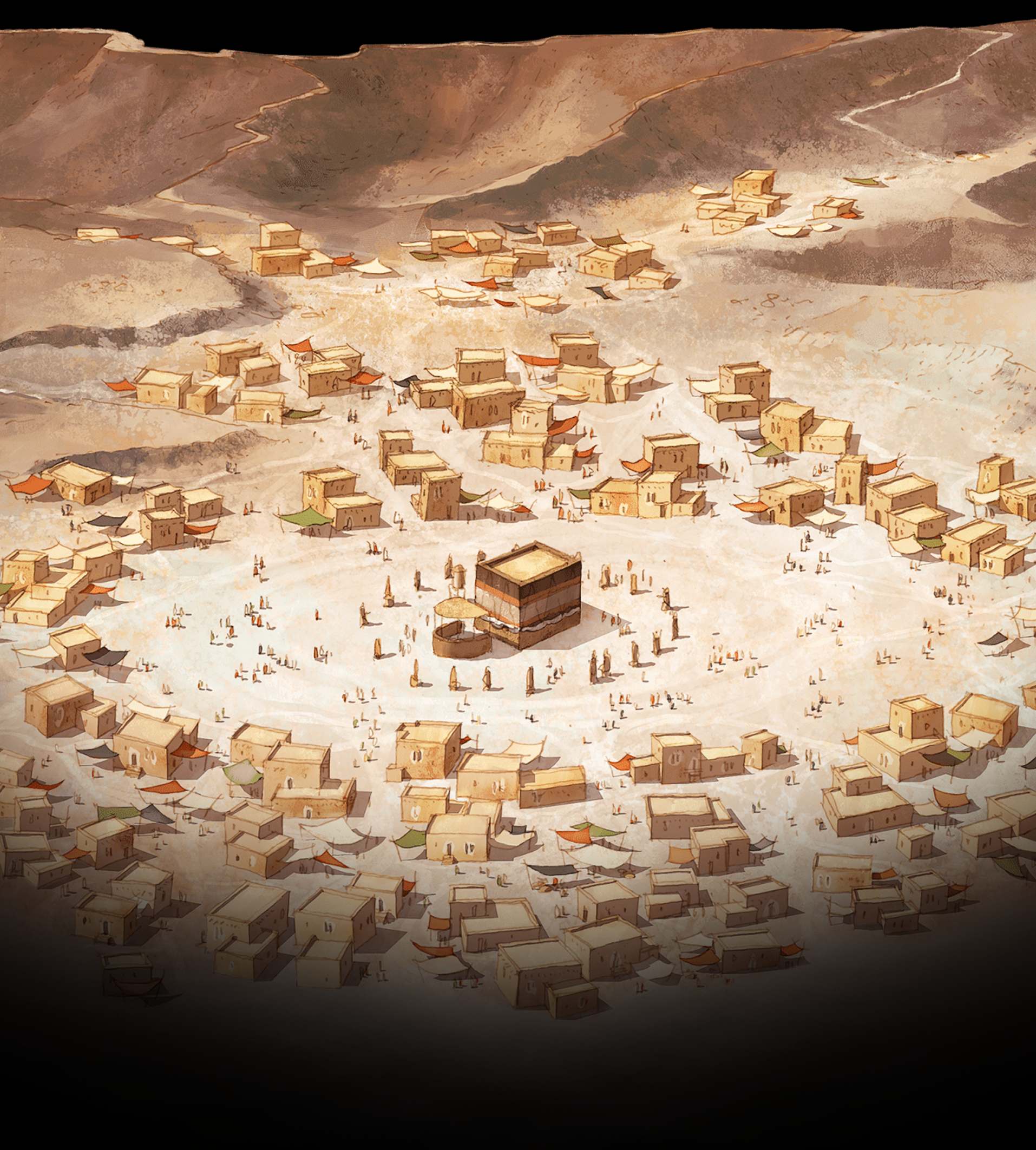 رسم تخيّلي لوادي مكة القديم والكعبة